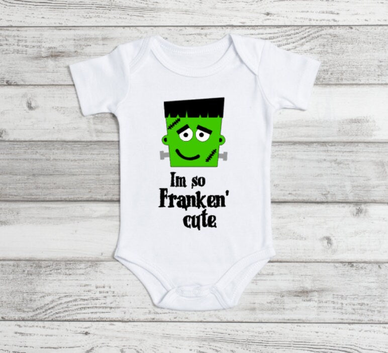 Im So Franken' Cute Infant Onesie, Halloween Onesie, Frankenstein, Spooky, Funny Onesie, Baby Shower Gift, Scary Cute, Too Cute To Spook